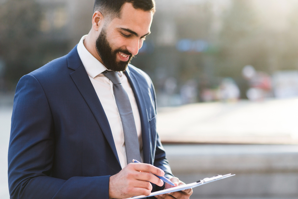 high-angle-business-man-checking-clipboard